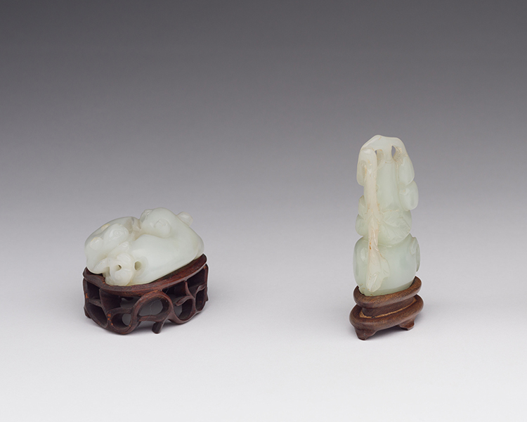 Chinese Pale Celadon Jade Carvings of a Cat and Double Gourd, 19th Century by  Chinese Art