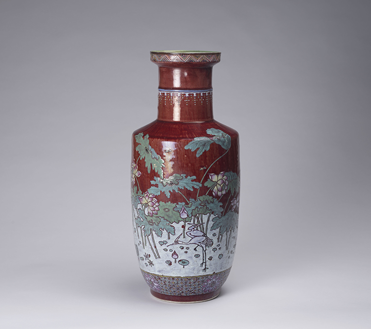 An Unusual Chinese Famille Rose Enameled Oxblood Rouleau Vase, Mid 20th Century by  Chinese Art