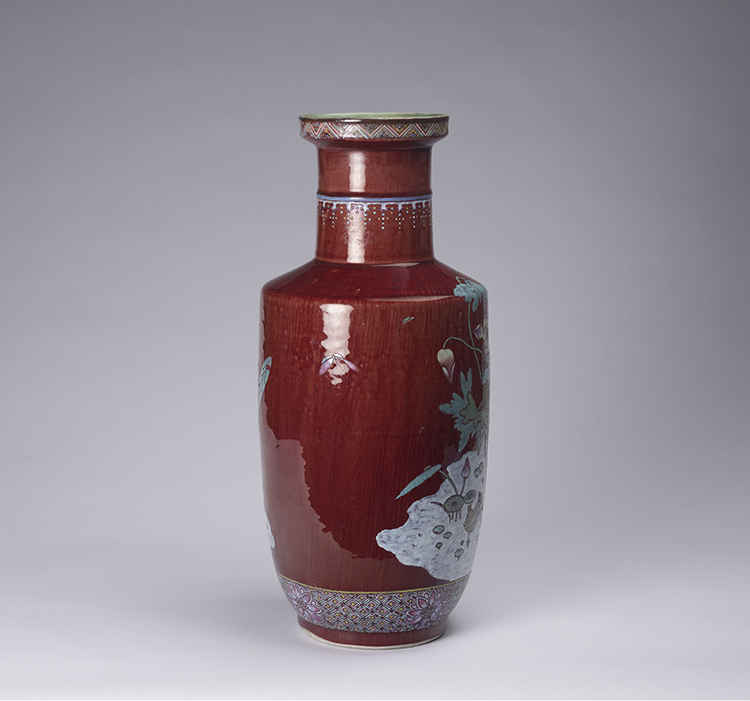 An Unusual Chinese Famille Rose Enameled Oxblood Rouleau Vase, Mid 20th Century by  Chinese Art