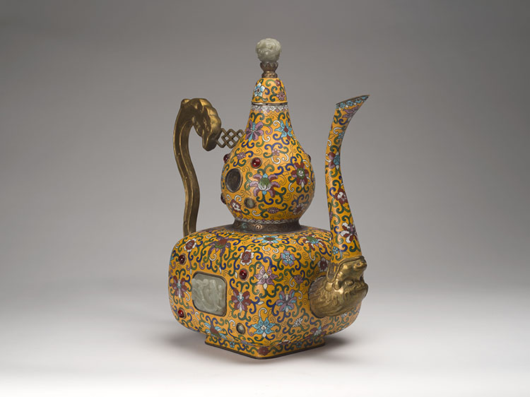 A Large Chinese Cloisonné Enamel, Repoussé and Jade Inlay Ritual Ewer and Cover by  Chinese Art