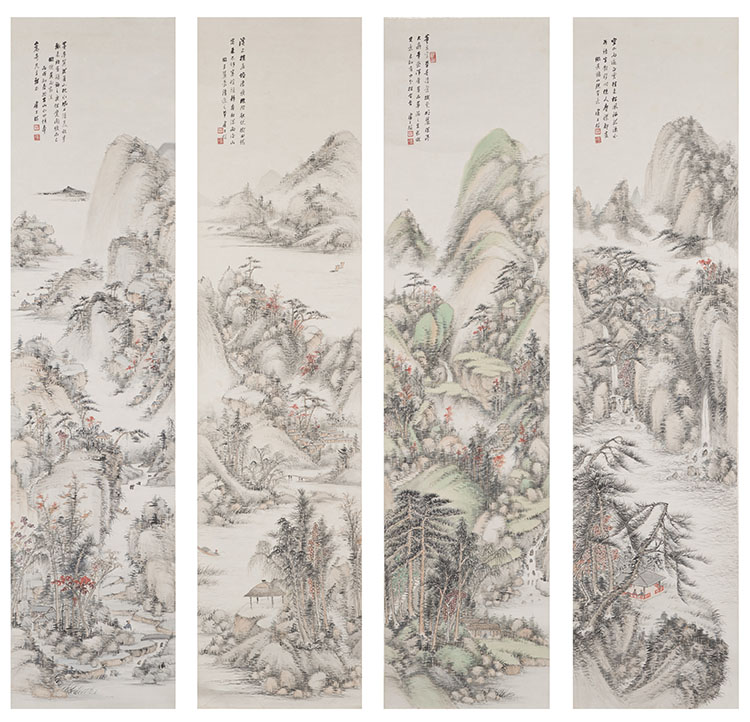 A Set of Four Scrolls of Landscape Painting par Lu Zishu