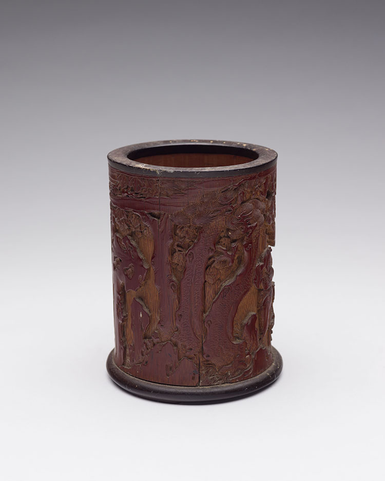 A Rare Chinese Lacquered and Carved Bamboo 'Children and Fireworks' Brushpot, Kangxi Period (1662-1722) by  Chinese Art