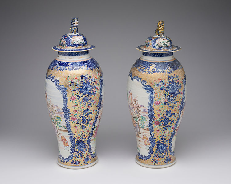 A Pair of Large Chinese Export Mandarin Rose 'Figural' Vases and Covers, Qianlong Period (1736-1795) by  Chinese Art