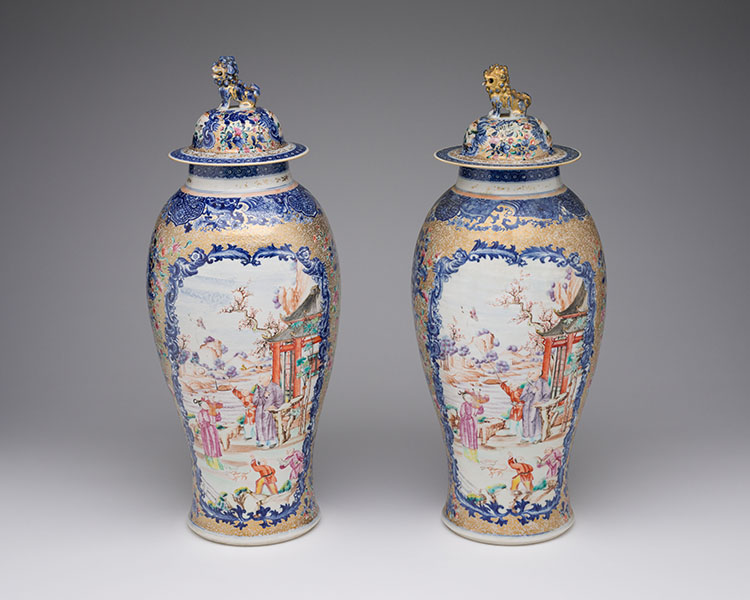 A Pair of Large Chinese Export Mandarin Rose 'Figural' Vases and Covers, Qianlong Period (1736-1795) by  Chinese Art