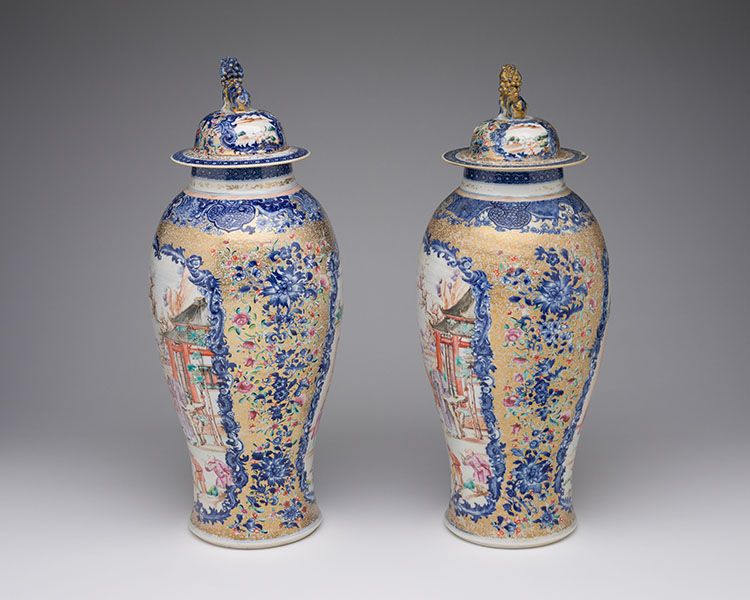 A Pair of Large Chinese Export Mandarin Rose 'Figural' Vases and Covers, Qianlong Period (1736-1795) by  Chinese Art