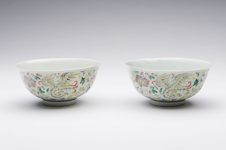 A Pair of Chinese Famille Rose 'Phoenix' Bowls, Qianlong Mark, Republican Period by  Chinese Art