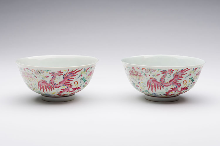 A Pair of Chinese Famille Rose 'Phoenix' Bowls, Qianlong Mark, Republican Period by  Chinese Art