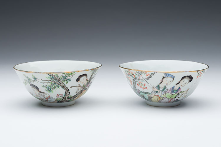 A Pair of Chinese Qianjiang Enameled 'Ladies' Bowls, Daoguang Mark, Dated 1914 by  Chinese Art