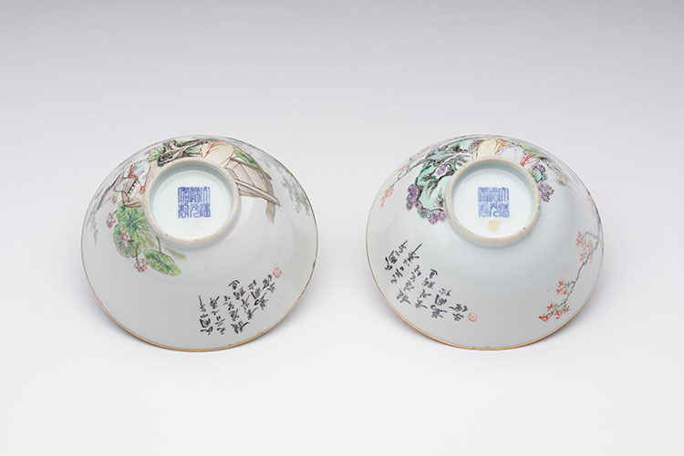 A Pair of Chinese Qianjiang Enameled 'Ladies' Bowls, Daoguang Mark, Dated 1914 by  Chinese Art