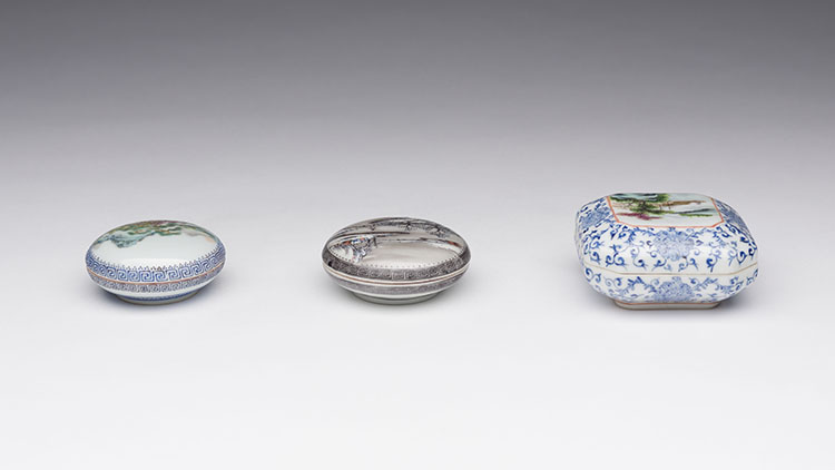 Three Chinese Famille Rose 'Landscape' Seal Paste Boxes and Covers, Republican Period by  Chinese Art