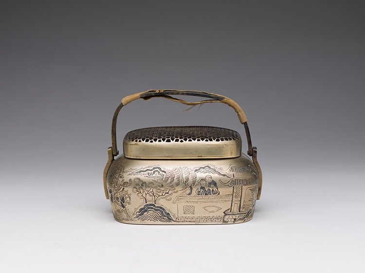 A Chinese Brass Incised Landscape Hand Warmer, 19th Century by  Chinese Art