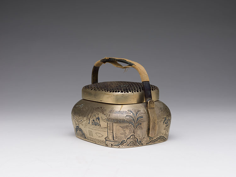 A Chinese Brass Incised Landscape Hand Warmer, 19th Century by  Chinese Art