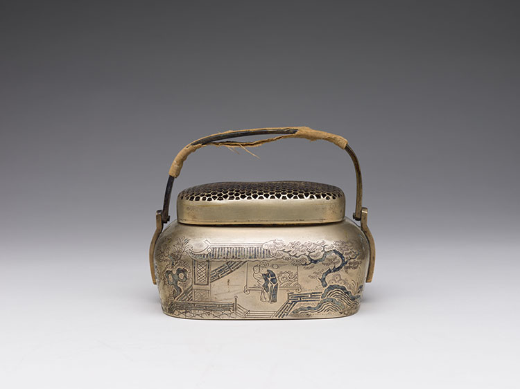 A Chinese Brass Incised Landscape Hand Warmer, 19th Century by  Chinese Art