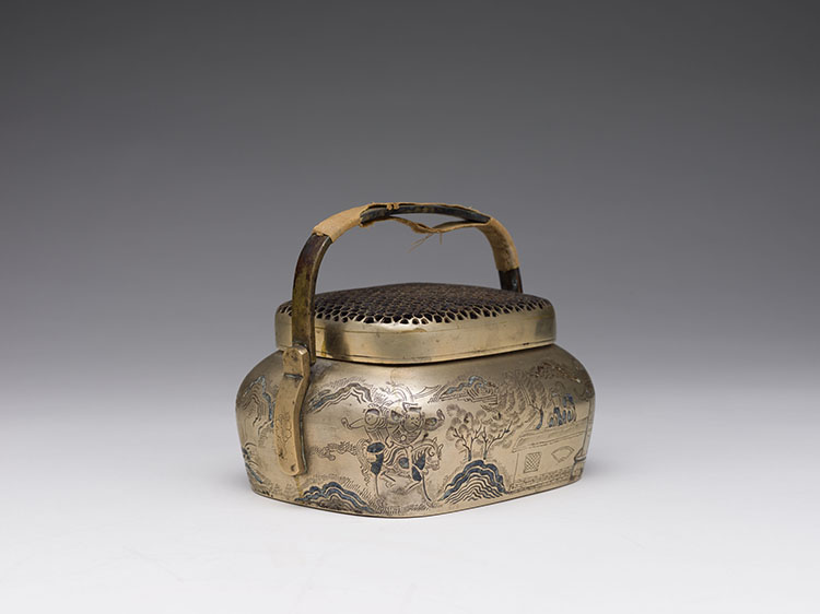 A Chinese Brass Incised Landscape Hand Warmer, 19th Century by  Chinese Art