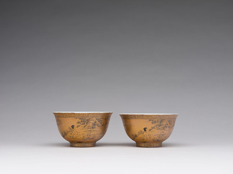 A Pair of Unusual Chinese Gilt Painted Scholars Bowls, Qianlong Mark, Republican Period by  Chinese Art