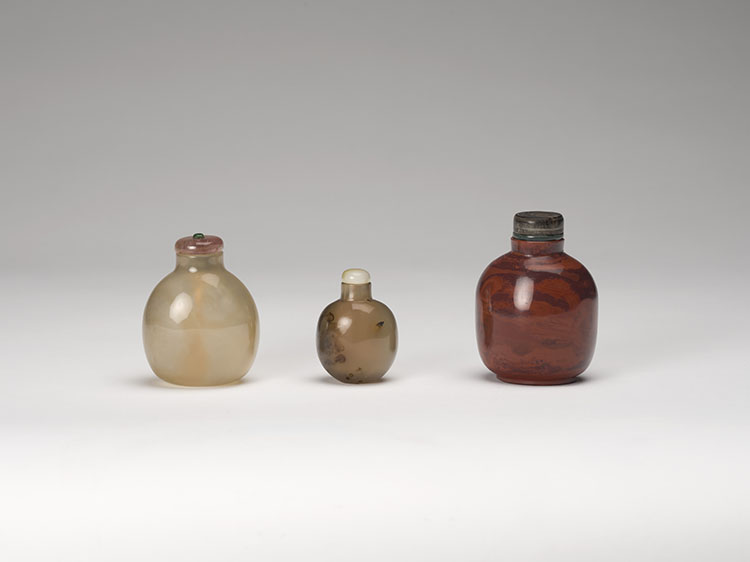 Three Chinese Agate and Realgar Glass Snuff Bottles, 19th Century by  Chinese Art