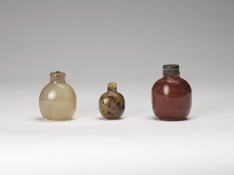 Three Chinese Agate and Realgar Glass Snuff Bottles, 19th Century by  Chinese Art