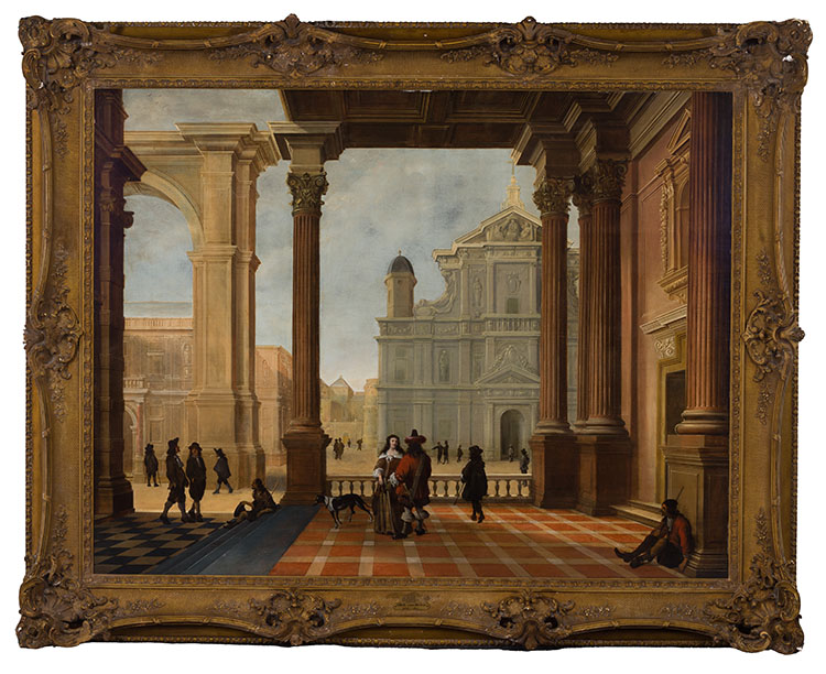 An Architectural Capriccio with Elegant Figures and a Church Beyond by Bartholomeus van Bassen