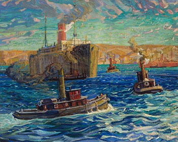 Tugs and Troop Carrier, Halifax Harbour, Nova Scotia by Arthur Lismer sold for $781,250